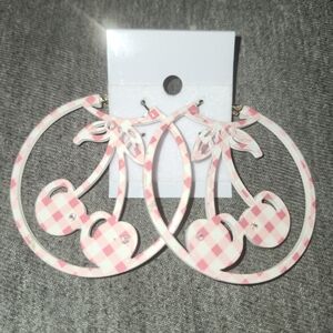 Pink Gingham Cherry Hoop Earrings